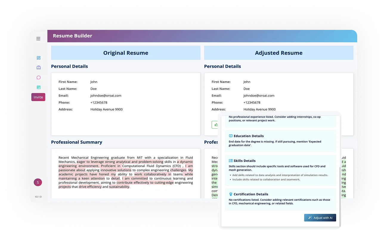 Resume builder interface displaying original and adjusted resume sections with personal details, professional summary, and AI-driven suggestions for enhancements